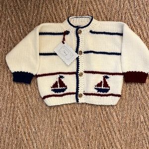 white cardigan sweater with navy and red accents and sailboats - NWT 18-24 mos